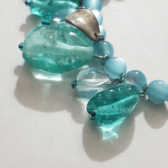 Vintage lucite aqua chunky beads cats eye silver necklace stainless steel 90's - Picture 6 of 13